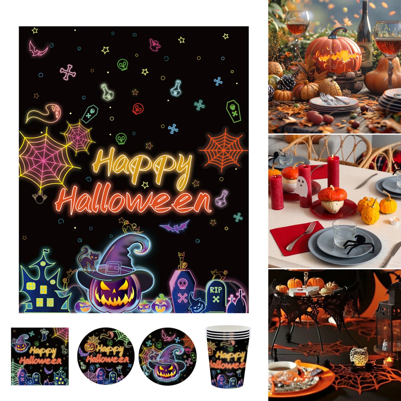 Halloween Disposable Tableware Kit Plates Napkins Tablecloth Cups Set Castle Bat Pumpkin Ghosts Halloween Theme
